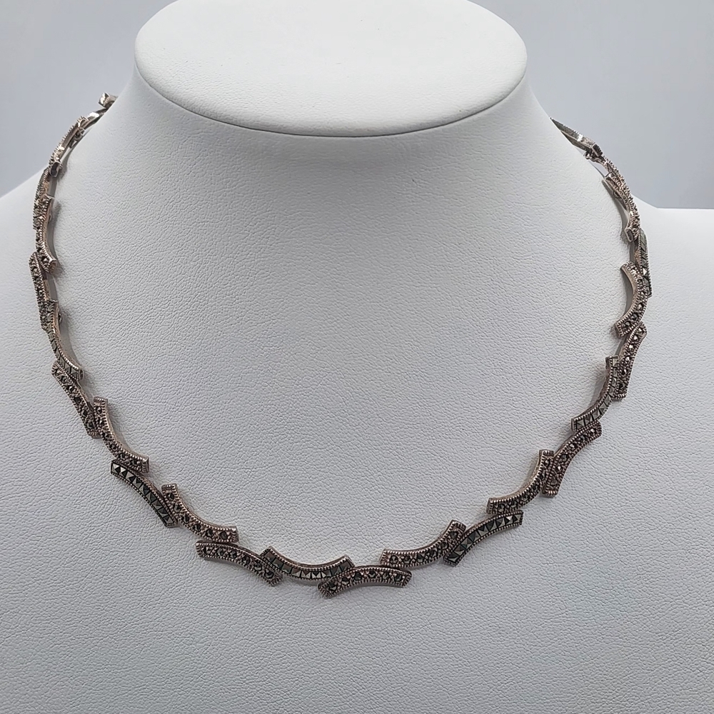 Judith Jack 925 Silver Vintage Sparkling Marcasite Scallop Design Chain Necklace